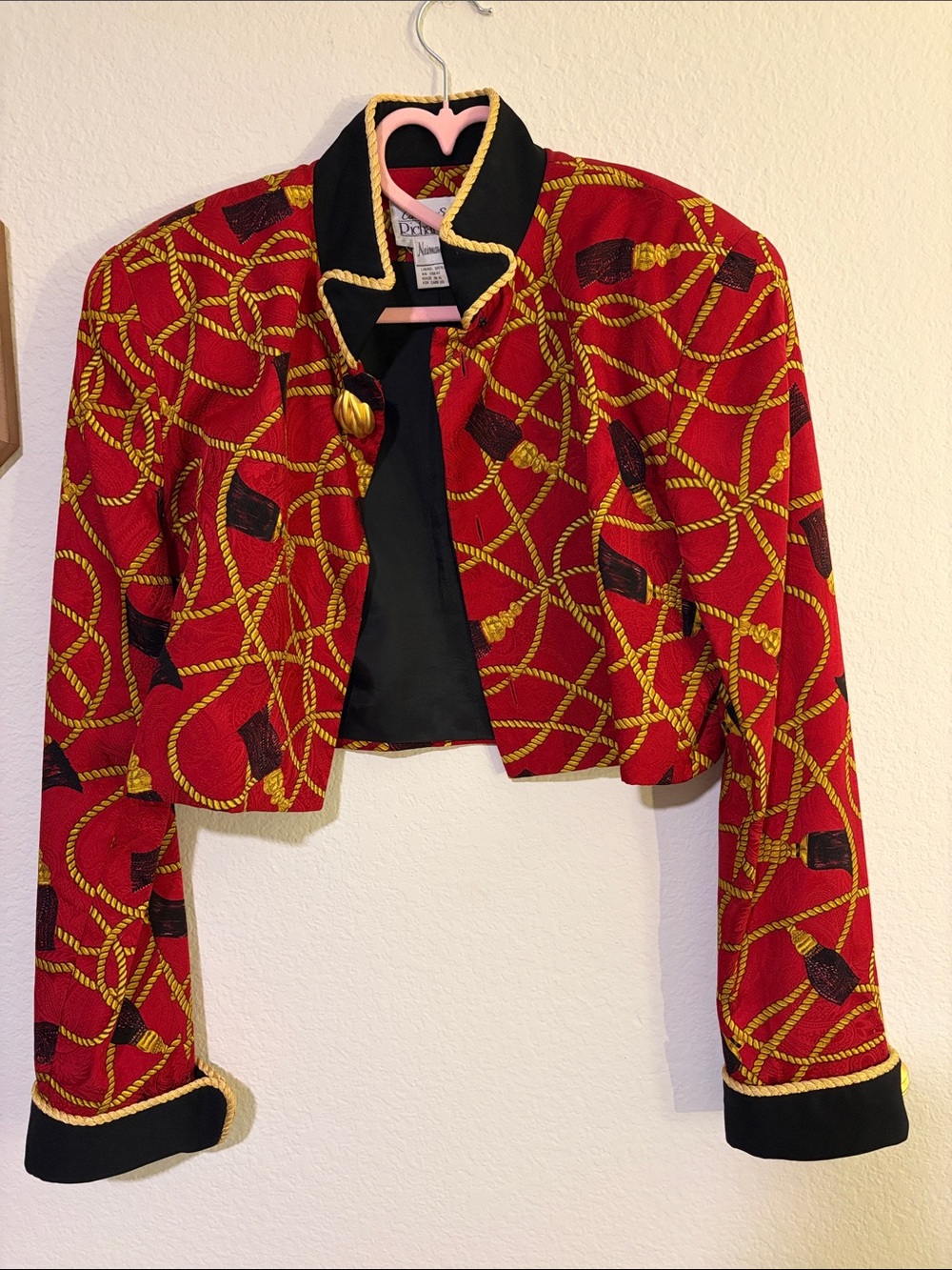 Cropped Red Rope-Print Blazer with Gold Trim